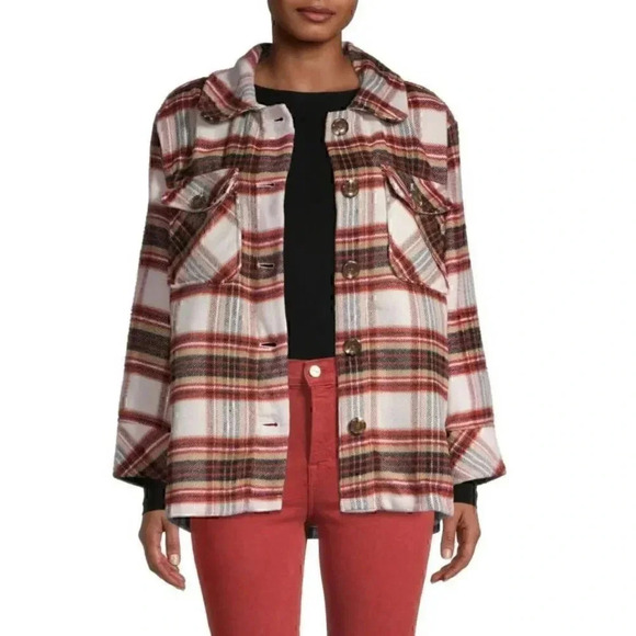 Kensie Brown White Red Plaid Jacket ShaketLong Sleeves Flowy Shirt Jacket - Picture 1 of 7